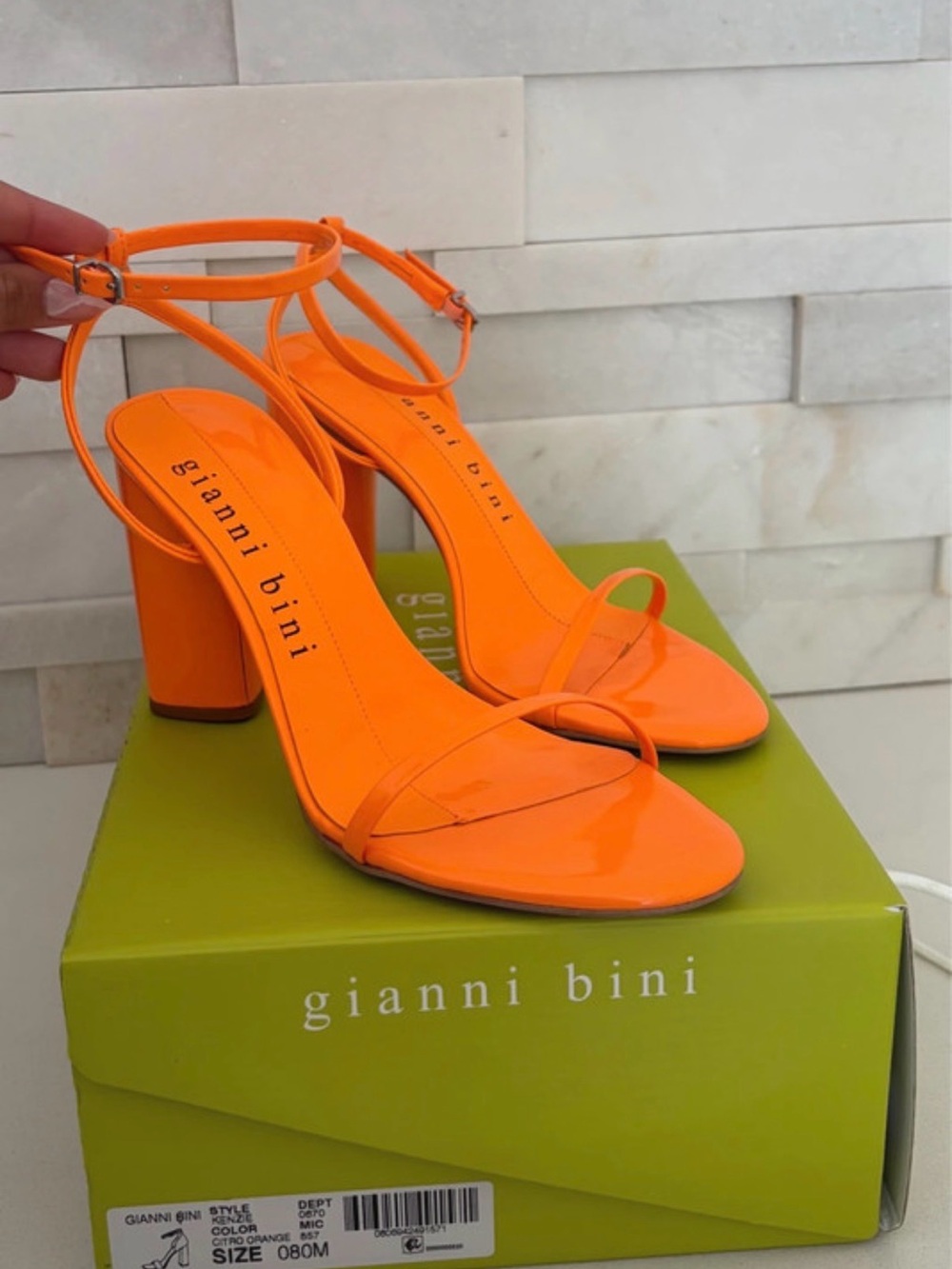 Gianni Bini Neon Orange Patent Strappy Block Heels